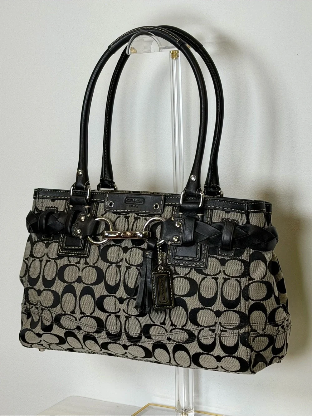 COACH | Vintage ‘Hampton’ Signature Monogram Black & Gray Bag Leather Trim - Picture 3 of 15